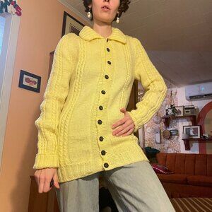 1960s vintage handknit yellow cable knit bodycon fishermans cardigan!